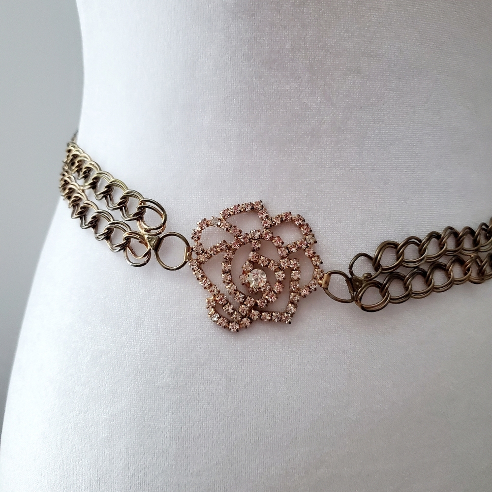 Sparkly Rose Chain Belt Rhinestones Rustic Double Link Chain w/ Clasp Boho Chic